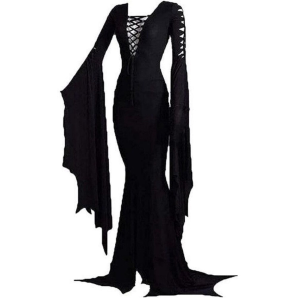 Women's Black Witch Dress Halloween Costume Vintage Morticia Floor Dress Plus